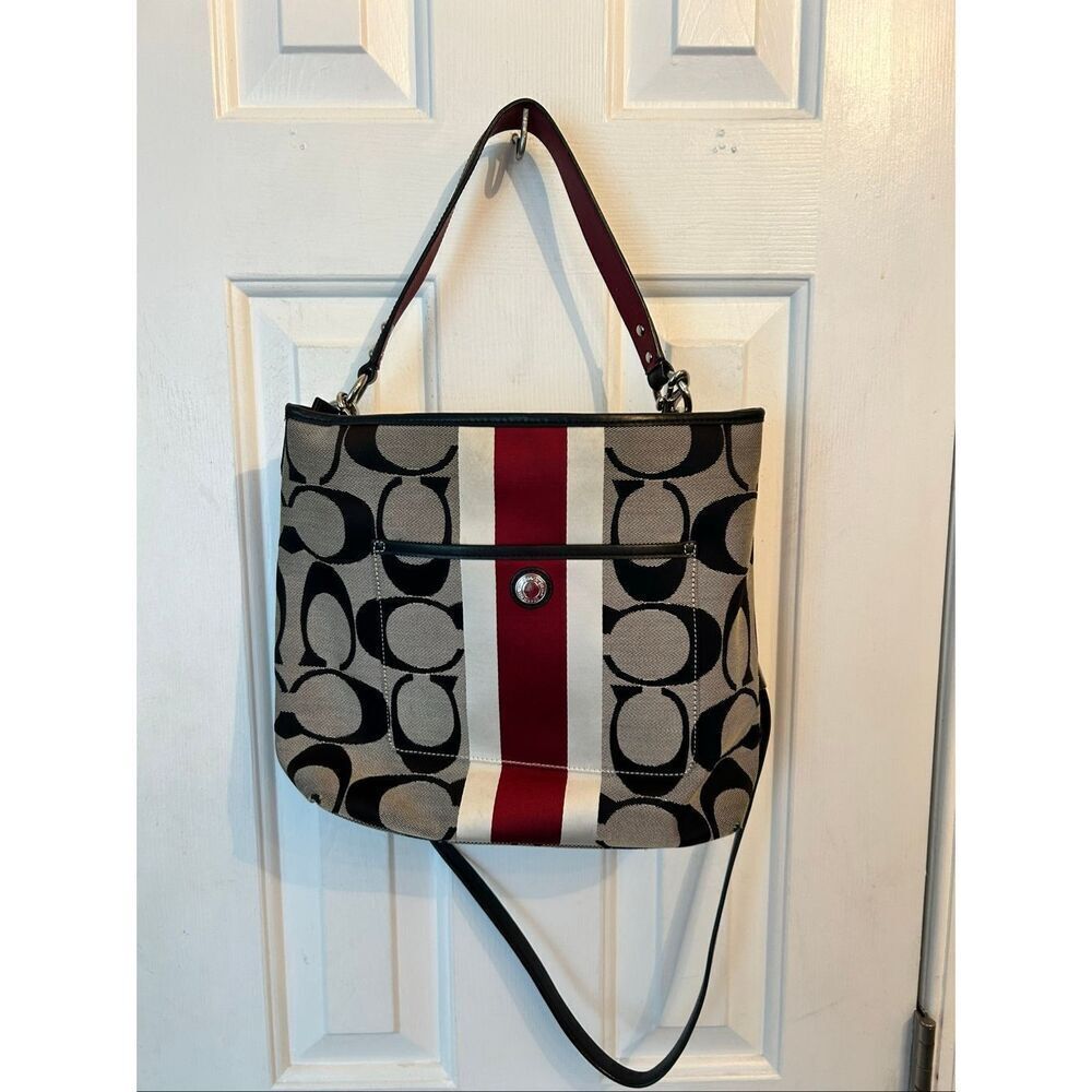 COACH Signature Hampton Stripe Purse Classic Logo Shoulder Bag Black Red White 1